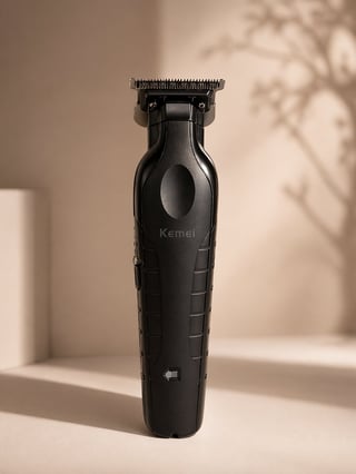 Black Kemei electric hair trimmer with precision blade head displayed against neutral beige background
