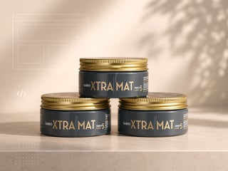 Three dark containers with gold lids labeled XTRA MAT arranged on a beige surface with shadow overlay