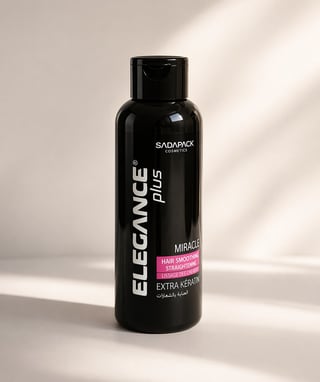 Black cosmetic bottle of Elegance Plus Miracle hair straightening treatment with extra keratin by Sadapack