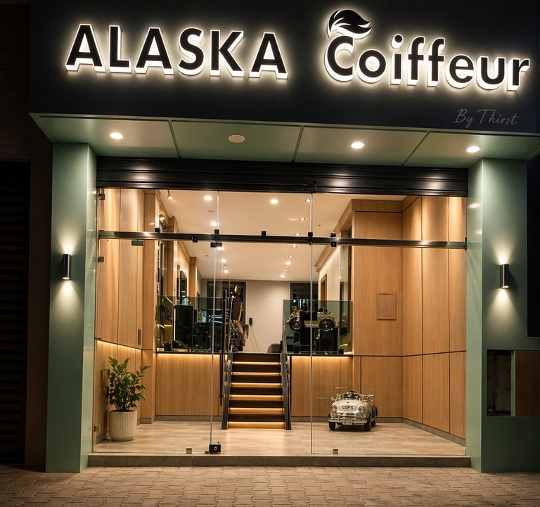 Modern hair salon storefront with Alaska Coiffeur neon sign, wooden interior, glass facade, and stepped entrance