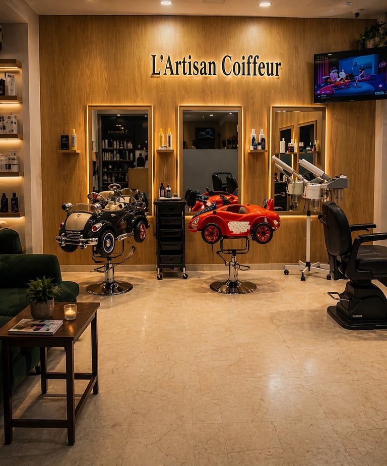 Interior of LArtisan Coiffeur hair salon with wooden walls, styling stations with mirrors, two decorative toy cars, and modern salon chairs