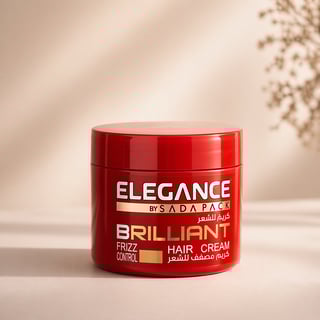 Red jar of Elegance by Sada Pack Brilliant Frizz Control Hair Cream on neutral background with dried flowers