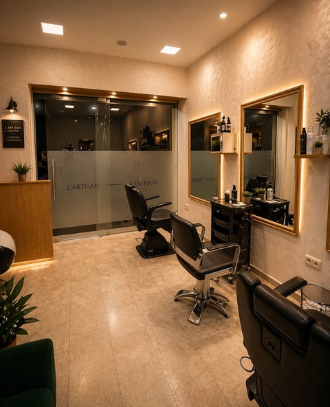 Modern hair salon interior with styling chairs, mirrors with lighting, reception desk, and professional equipment