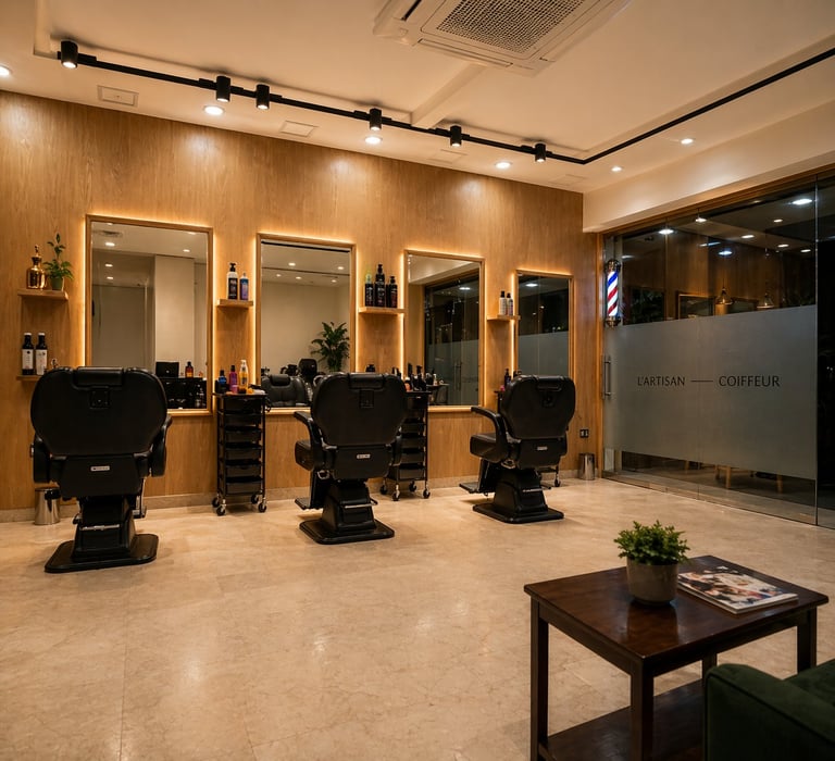 Modern hair salon interior with multiple styling stations, large mirrors with warm lighting, black chairs, and beige flooring